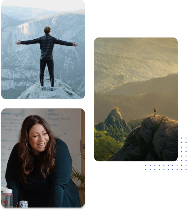 Author Jeannie McGillivray, exemplifying heart leadership, flanked by individuals on mountain peaks, symbolising collective strength and visionary guidance.