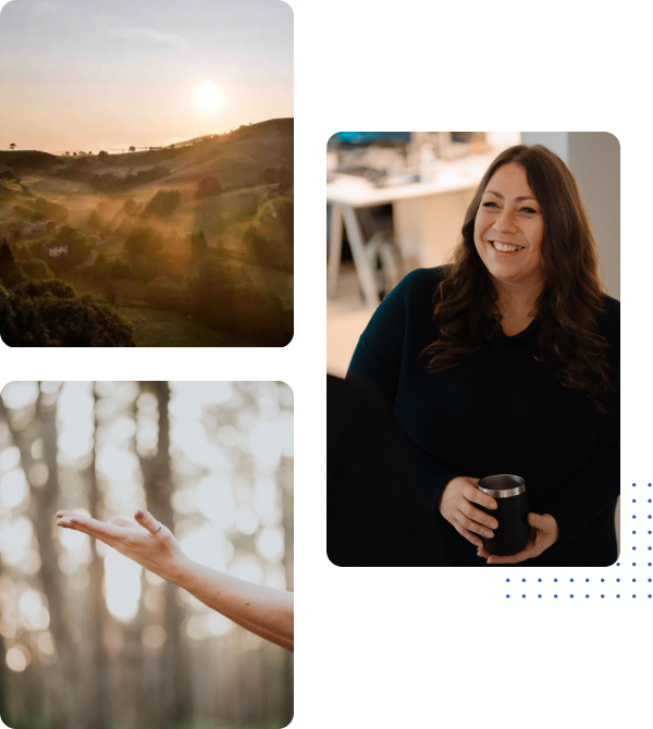 Author Jeannie McGillivray, exemplifying heart leadership, flanked by mountain peaks and open arms, symbolising strength and visionary guidance.